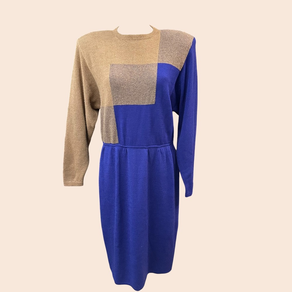 St. John X Saks 5th  Vintage 1980s ColorBlock  Tan Purple Midi Dress sz 12